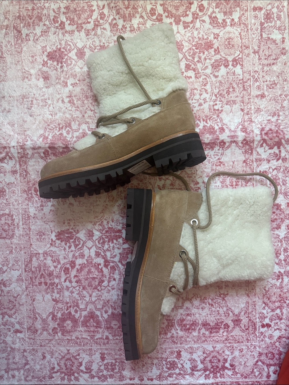 Marc Fisher Taupe Suede Shearling Lace-Up Winter Boots